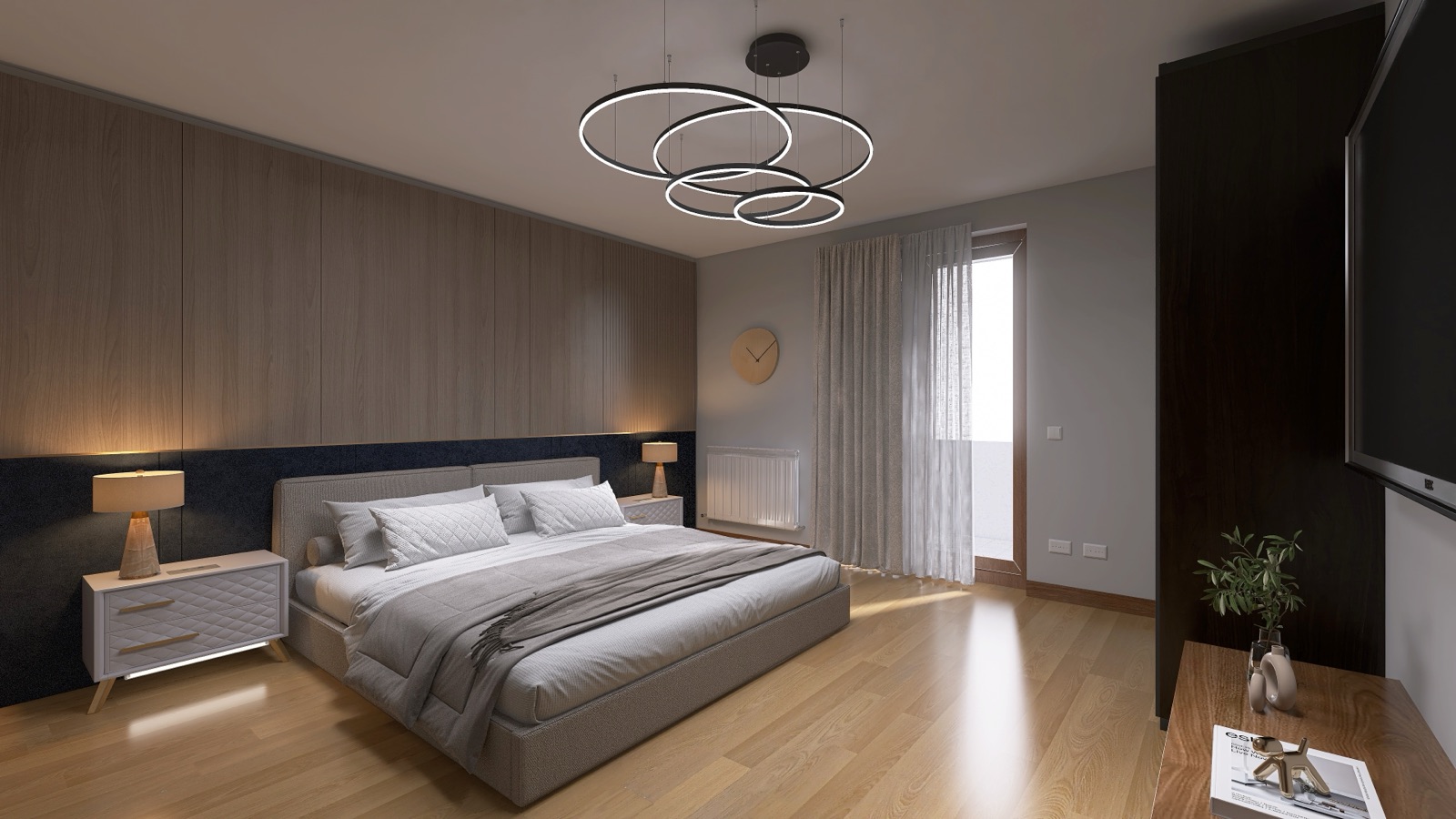 Rendering di camera padronale con boiserie in legno, letto imbottito e lampade ad anello